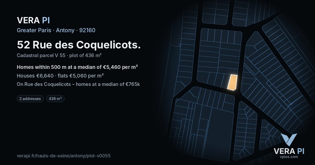 52 Rue des Coquelicots, Antony at night – the plot lit, the parcels around coloured by the prices near them