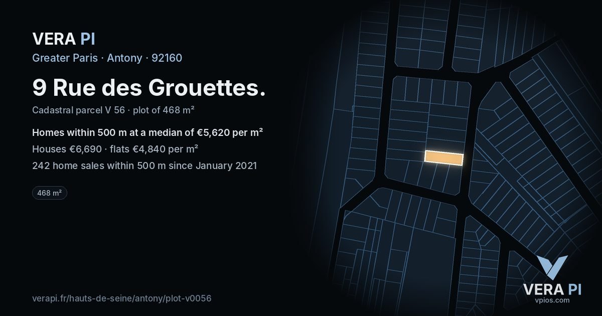 9 Rue des Grouettes, Antony at night – the plot lit, the parcels around coloured by the prices near them
