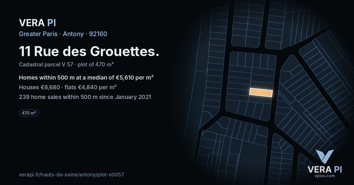 11 Rue des Grouettes, Antony at night – the plot lit, the parcels around coloured by the prices near them