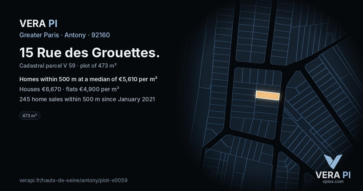 15 Rue des Grouettes, Antony at night – the plot lit, the parcels around coloured by the prices near them