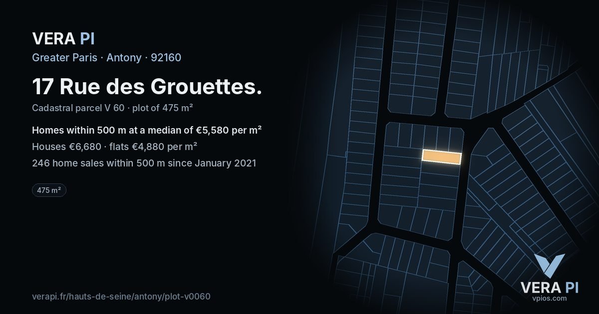 17 Rue des Grouettes, Antony at night – the plot lit, the parcels around coloured by the prices near them