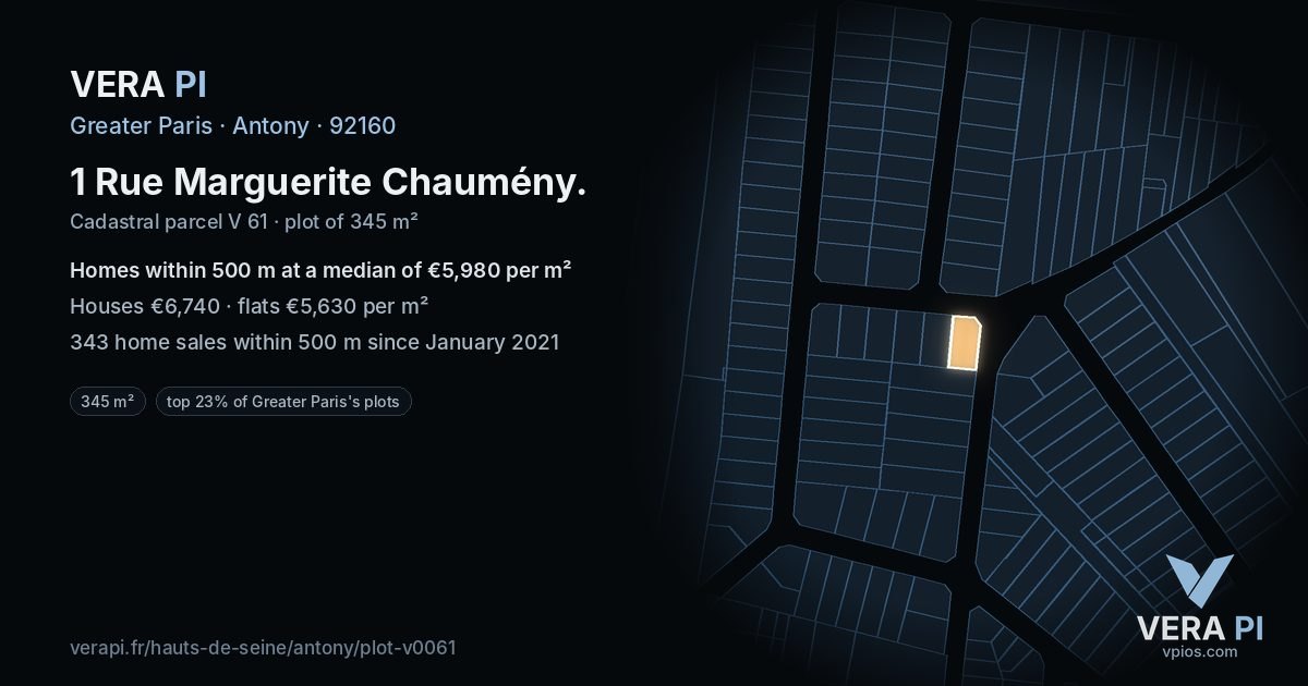 1 Rue Marguerite Chaumény, Antony at night – the plot lit, the parcels around coloured by the prices near them