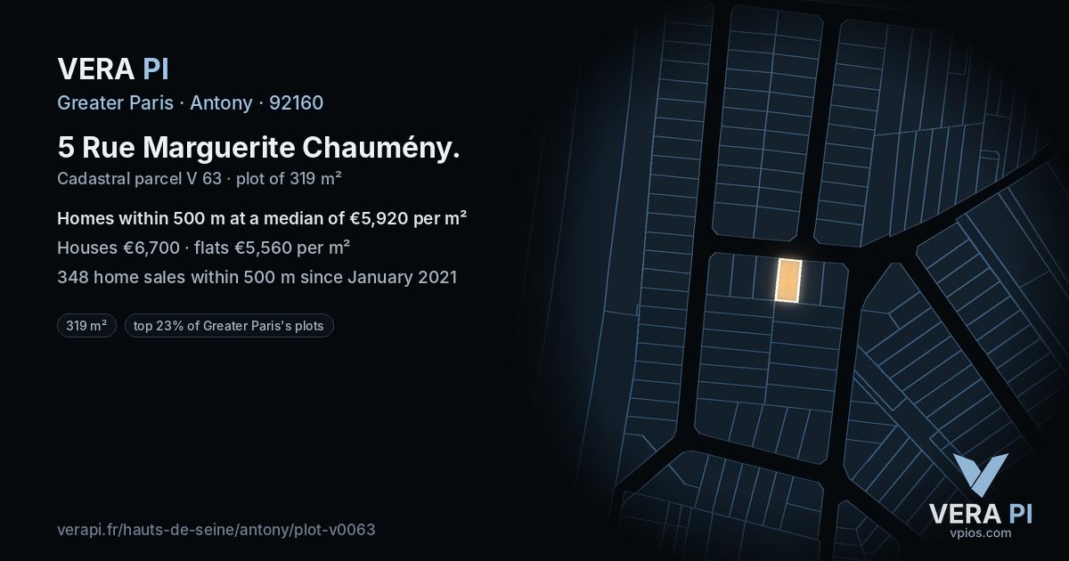 5 Rue Marguerite Chaumény, Antony at night – the plot lit, the parcels around coloured by the prices near them