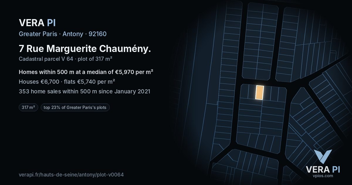 7 Rue Marguerite Chaumény, Antony at night – the plot lit, the parcels around coloured by the prices near them