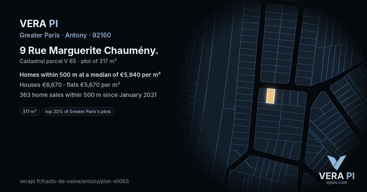 9 Rue Marguerite Chaumény, Antony at night – the plot lit, the parcels around coloured by the prices near them
