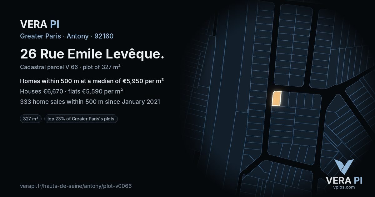 26 Rue Emile Levêque, Antony at night – the plot lit, the parcels around coloured by the prices near them