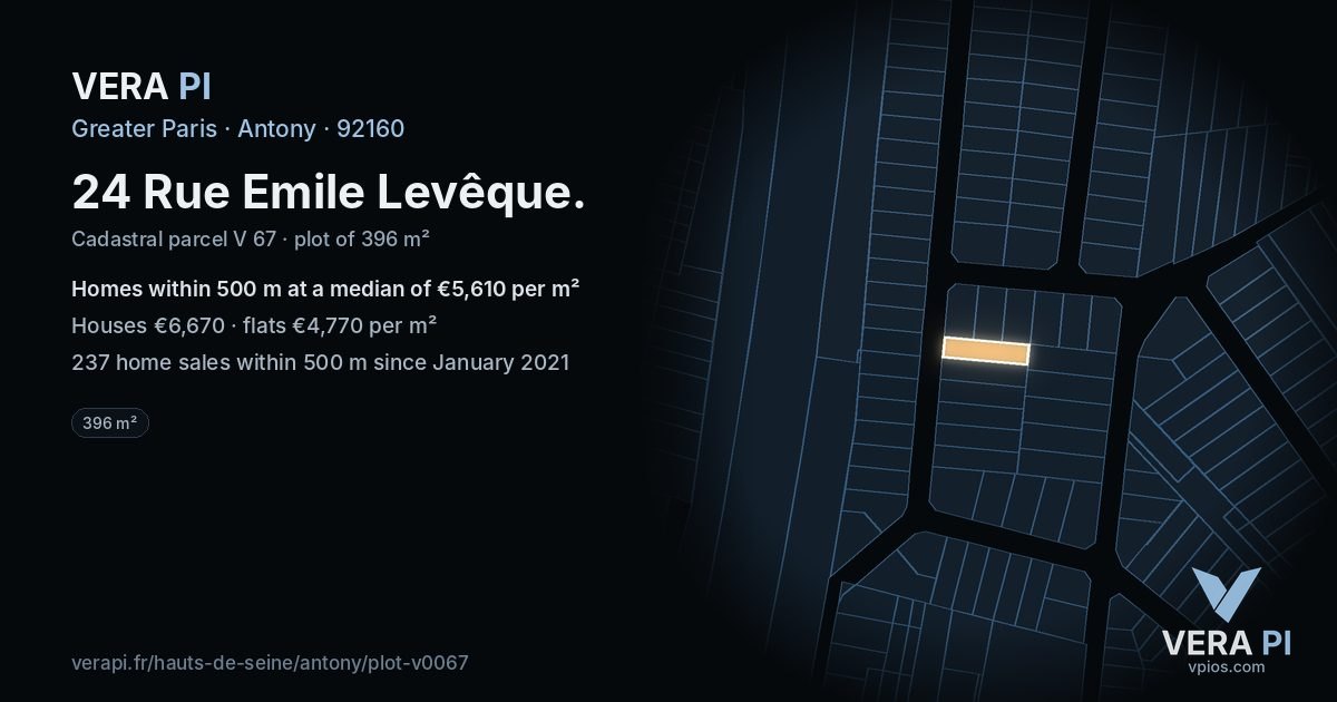 24 Rue Emile Levêque, Antony at night – the plot lit, the parcels around coloured by the prices near them