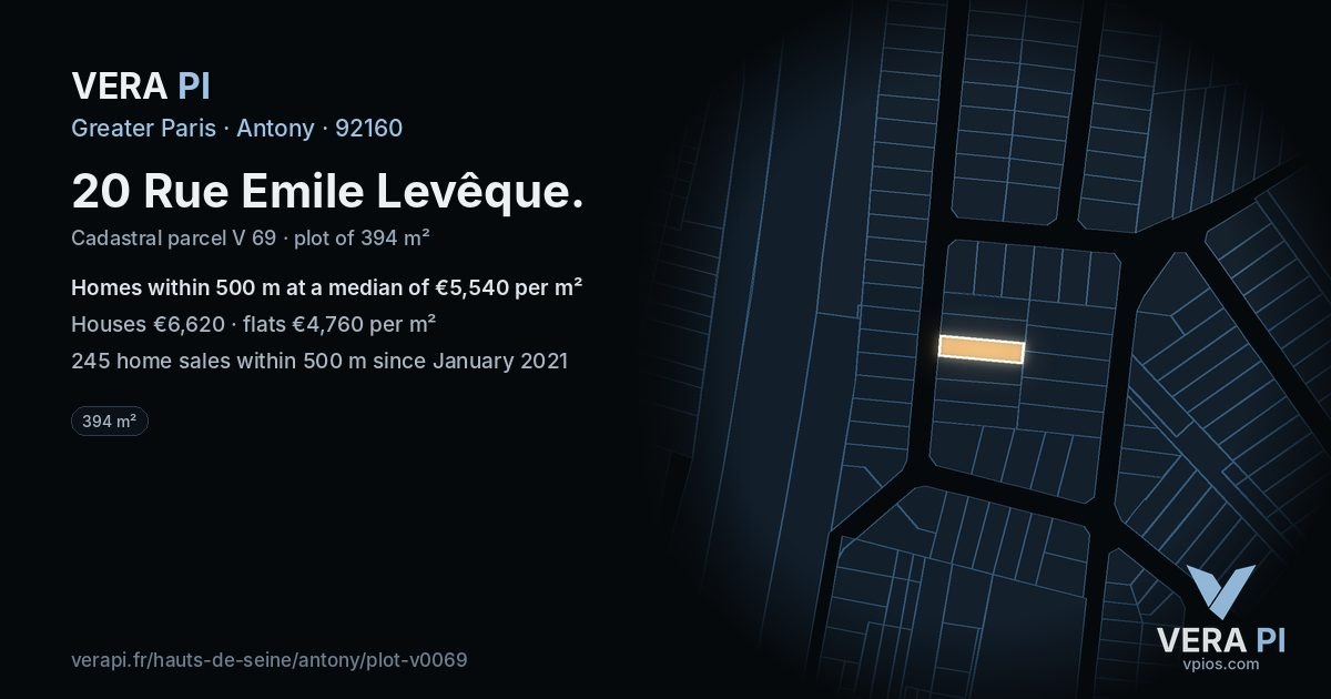 20 Rue Emile Levêque, Antony at night – the plot lit, the parcels around coloured by the prices near them