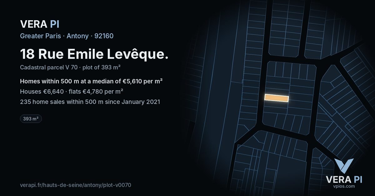 18 Rue Emile Levêque, Antony at night – the plot lit, the parcels around coloured by the prices near them