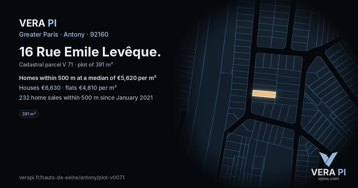 16 Rue Emile Levêque, Antony at night – the plot lit, the parcels around coloured by the prices near them