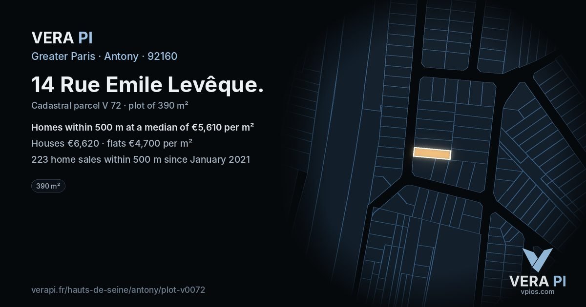 14 Rue Emile Levêque, Antony at night – the plot lit, the parcels around coloured by the prices near them