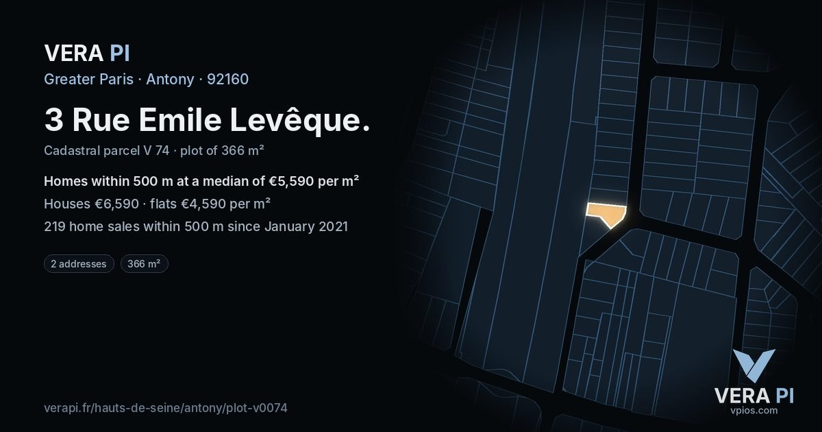 3 Rue Emile Levêque, Antony at night – the plot lit, the parcels around coloured by the prices near them