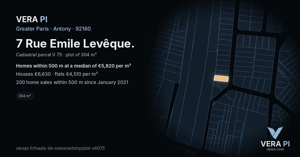 7 Rue Emile Levêque, Antony at night – the plot lit, the parcels around coloured by the prices near them