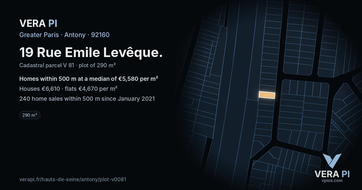 19 Rue Emile Levêque, Antony at night – the plot lit, the parcels around coloured by the prices near them