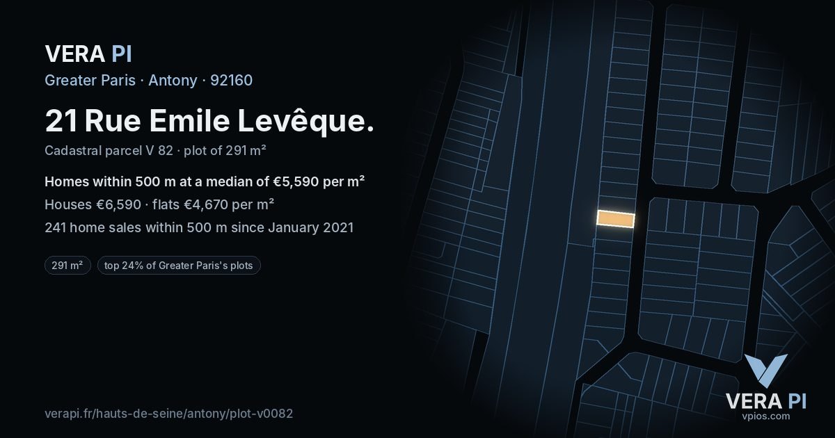 21 Rue Emile Levêque, Antony at night – the plot lit, the parcels around coloured by the prices near them
