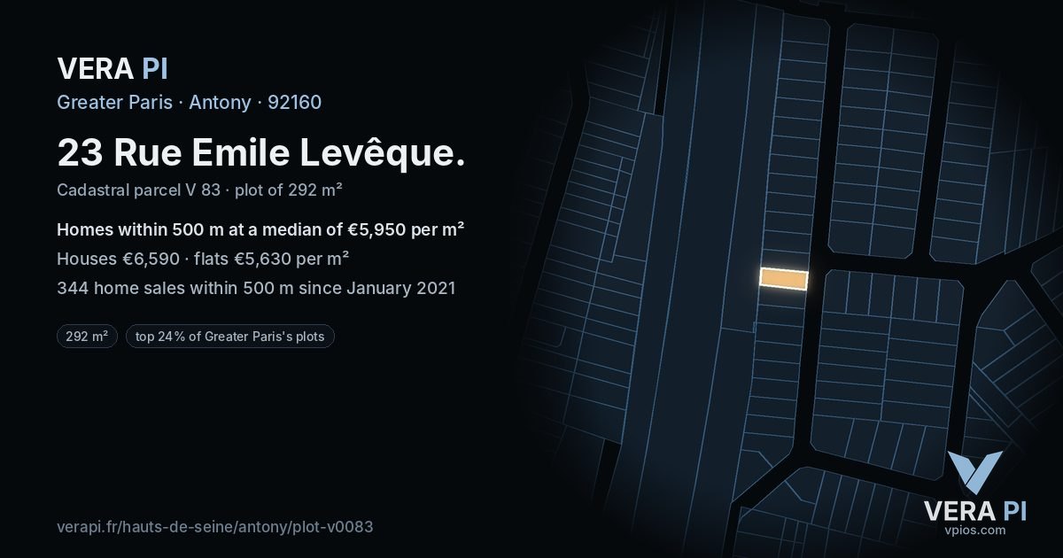 23 Rue Emile Levêque, Antony at night – the plot lit, the parcels around coloured by the prices near them