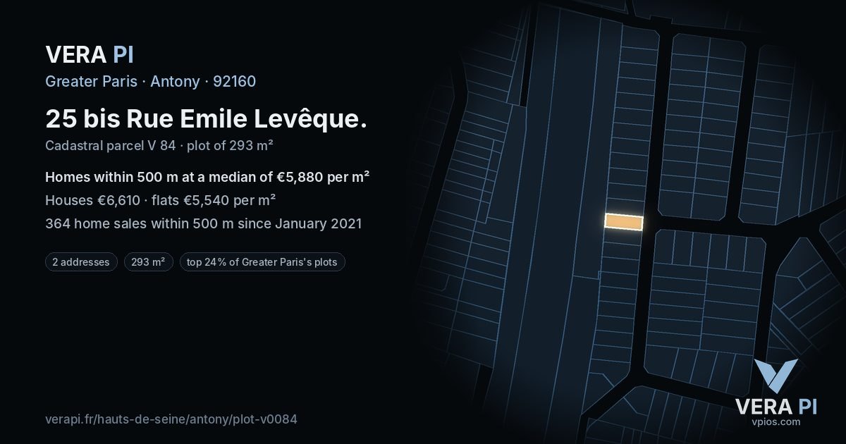 25 bis Rue Emile Levêque, Antony at night – the plot lit, the parcels around coloured by the prices near them