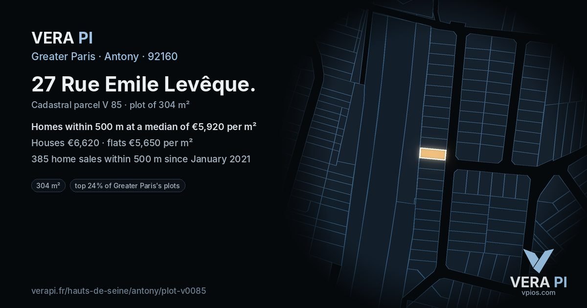 27 Rue Emile Levêque, Antony at night – the plot lit, the parcels around coloured by the prices near them