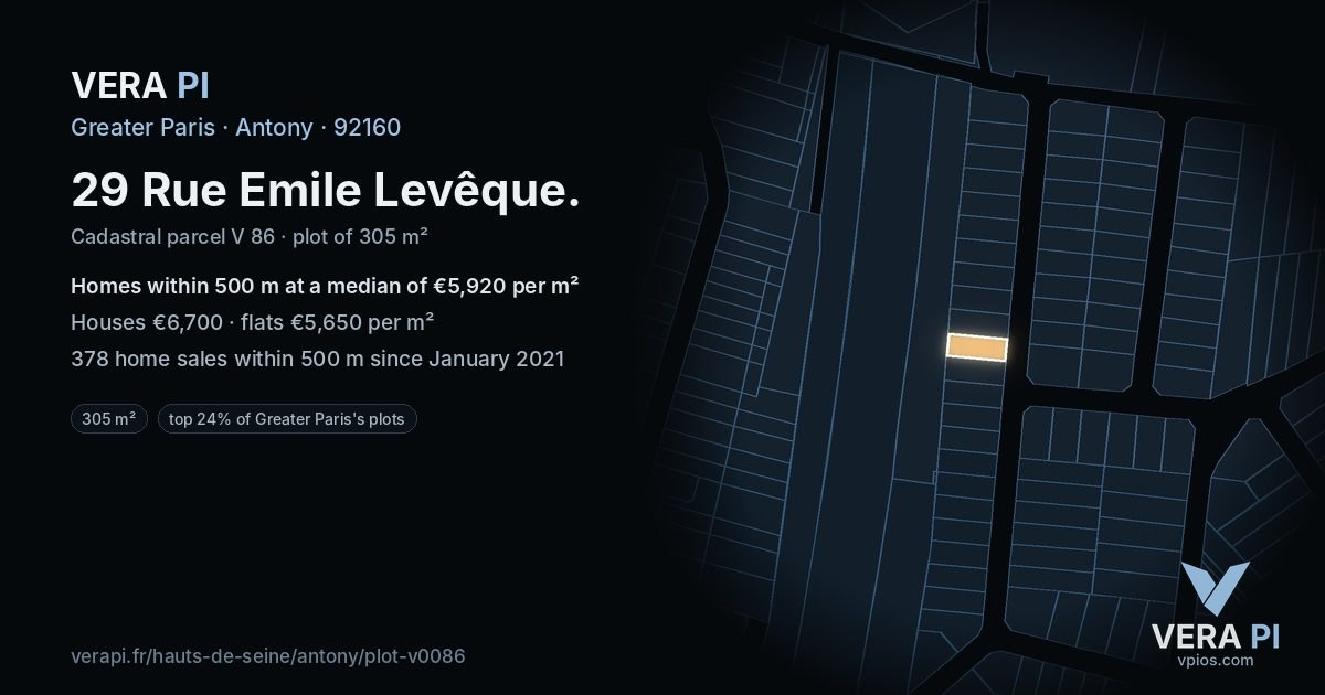 29 Rue Emile Levêque, Antony at night – the plot lit, the parcels around coloured by the prices near them