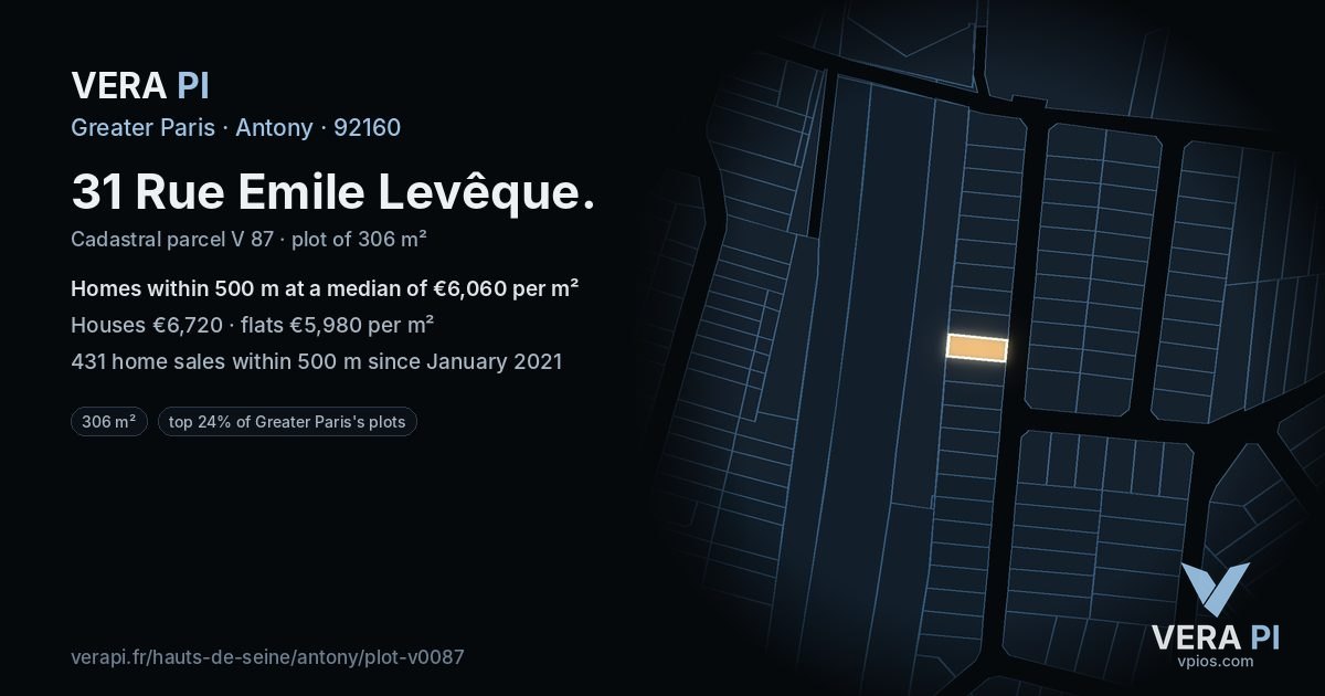 31 Rue Emile Levêque, Antony at night – the plot lit, the parcels around coloured by the prices near them