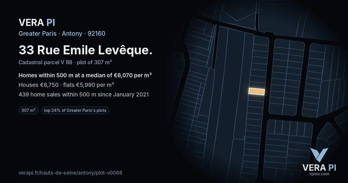 33 Rue Emile Levêque, Antony at night – the plot lit, the parcels around coloured by the prices near them