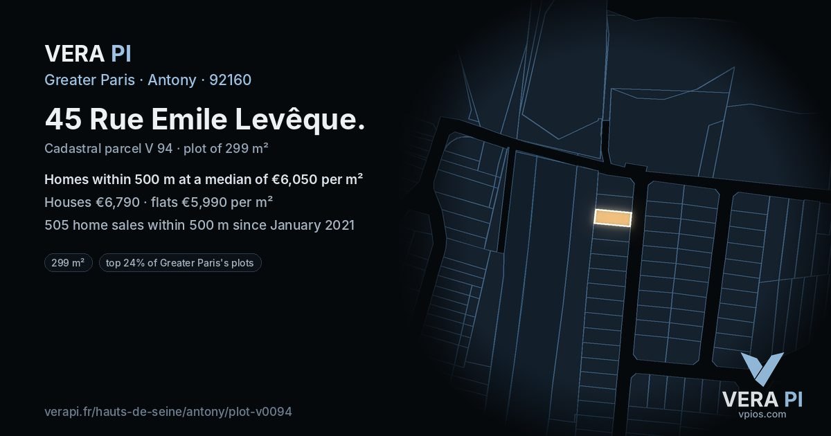 45 Rue Emile Levêque, Antony at night – the plot lit, the parcels around coloured by the prices near them