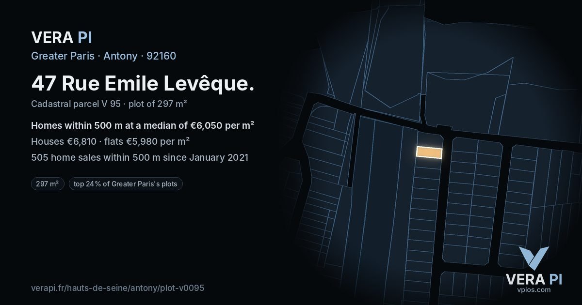 47 Rue Emile Levêque, Antony at night – the plot lit, the parcels around coloured by the prices near them