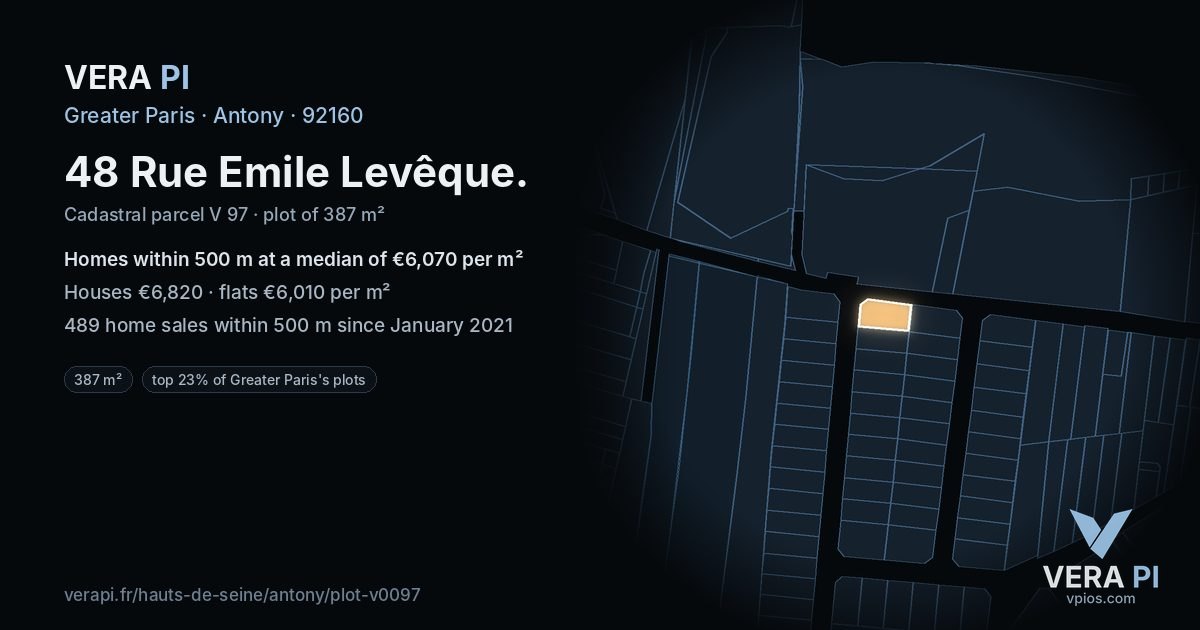 48 Rue Emile Levêque, Antony at night – the plot lit, the parcels around coloured by the prices near them