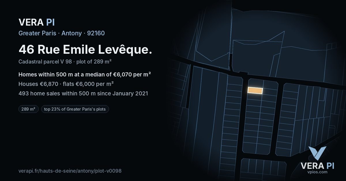 46 Rue Emile Levêque, Antony at night – the plot lit, the parcels around coloured by the prices near them
