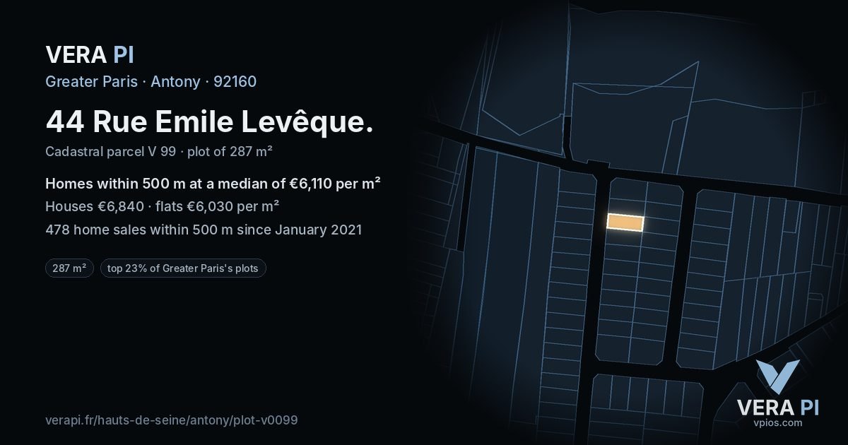 44 Rue Emile Levêque, Antony at night – the plot lit, the parcels around coloured by the prices near them