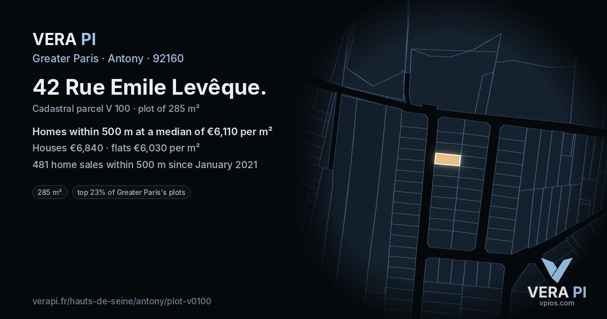 42 Rue Emile Levêque, Antony at night – the plot lit, the parcels around coloured by the prices near them