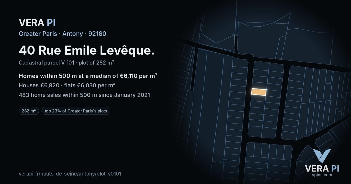 40 Rue Emile Levêque, Antony at night – the plot lit, the parcels around coloured by the prices near them