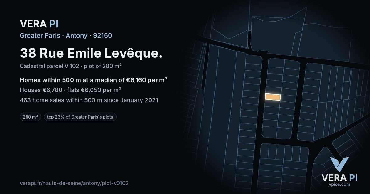 38 Rue Emile Levêque, Antony at night – the plot lit, the parcels around coloured by the prices near them