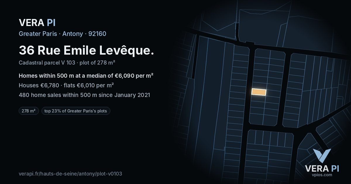 36 Rue Emile Levêque, Antony at night – the plot lit, the parcels around coloured by the prices near them