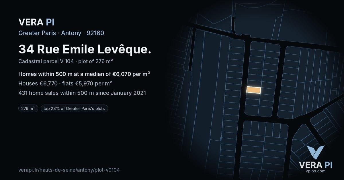 34 Rue Emile Levêque, Antony at night – the plot lit, the parcels around coloured by the prices near them
