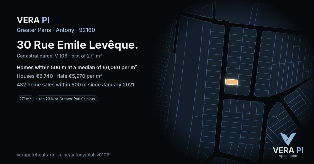 30 Rue Emile Levêque, Antony at night – the plot lit, the parcels around coloured by the prices near them