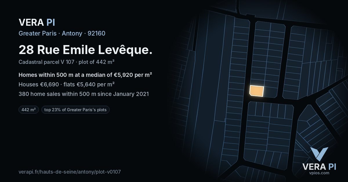 28 Rue Emile Levêque, Antony at night – the plot lit, the parcels around coloured by the prices near them