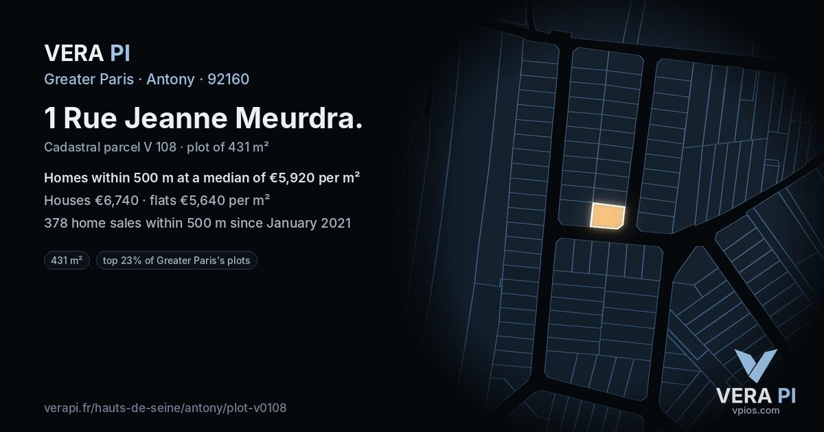 1 Rue Jeanne Meurdra, Antony at night – the plot lit, the parcels around coloured by the prices near them