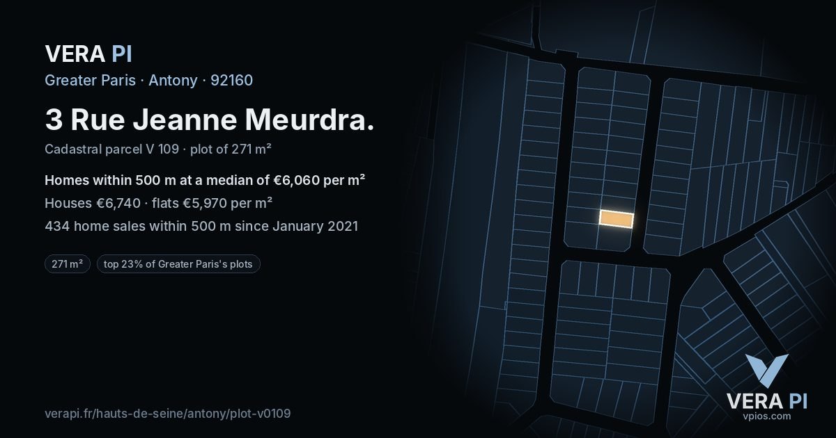 3 Rue Jeanne Meurdra, Antony at night – the plot lit, the parcels around coloured by the prices near them