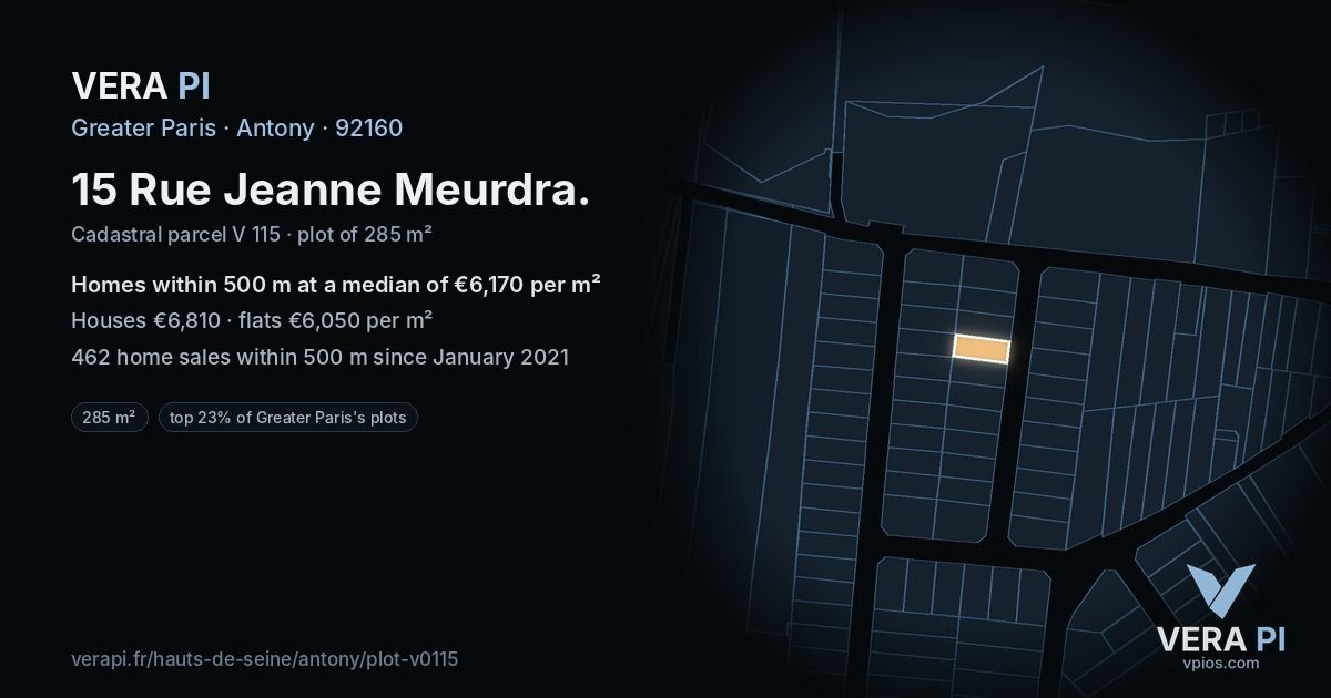 15 Rue Jeanne Meurdra, Antony at night – the plot lit, the parcels around coloured by the prices near them