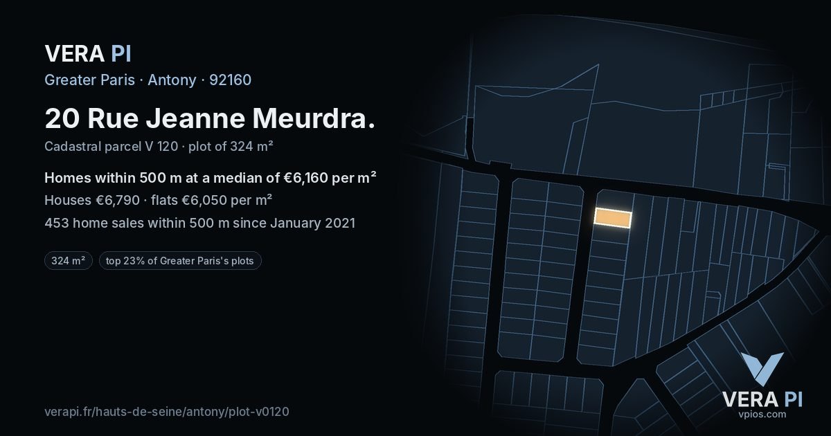20 Rue Jeanne Meurdra, Antony at night – the plot lit, the parcels around coloured by the prices near them