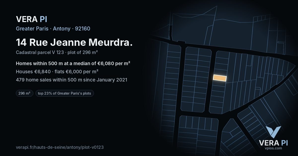 14 Rue Jeanne Meurdra, Antony at night – the plot lit, the parcels around coloured by the prices near them
