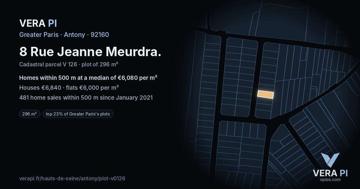 8 Rue Jeanne Meurdra, Antony at night – the plot lit, the parcels around coloured by the prices near them