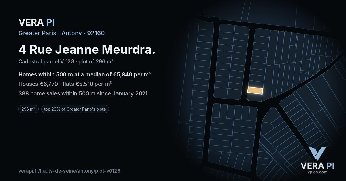 4 Rue Jeanne Meurdra, Antony at night – the plot lit, the parcels around coloured by the prices near them