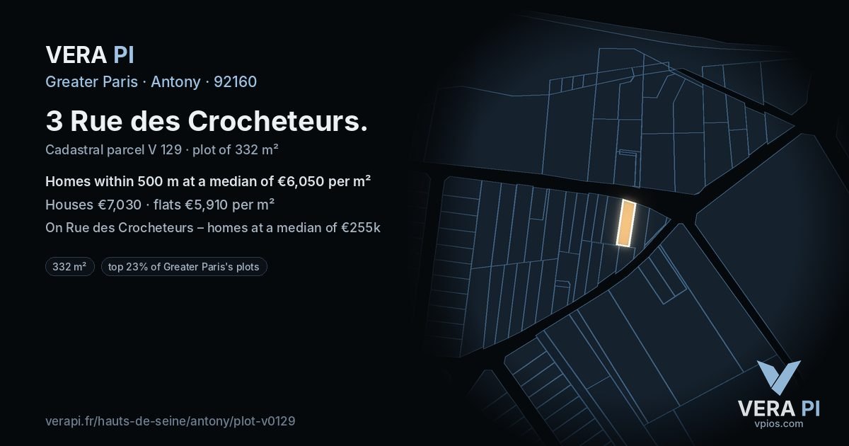 3 Rue des Crocheteurs, Antony at night – the plot lit, the parcels around coloured by the prices near them