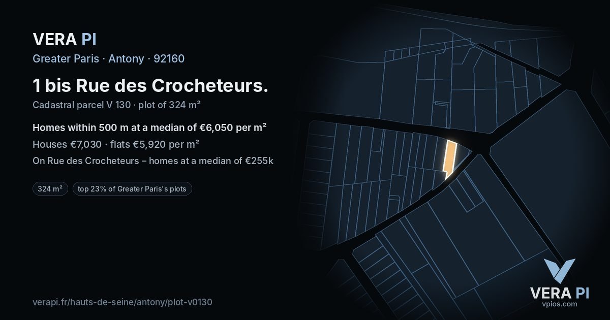 1 bis Rue des Crocheteurs, Antony at night – the plot lit, the parcels around coloured by the prices near them