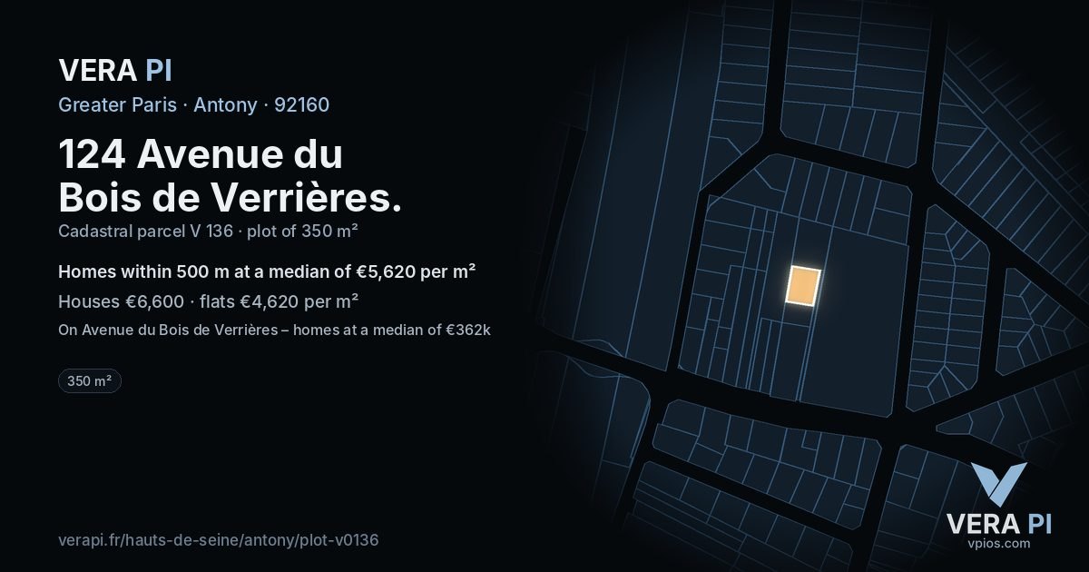 124 Avenue du Bois de Verrières, Antony at night – the plot lit, the parcels around coloured by the prices near them