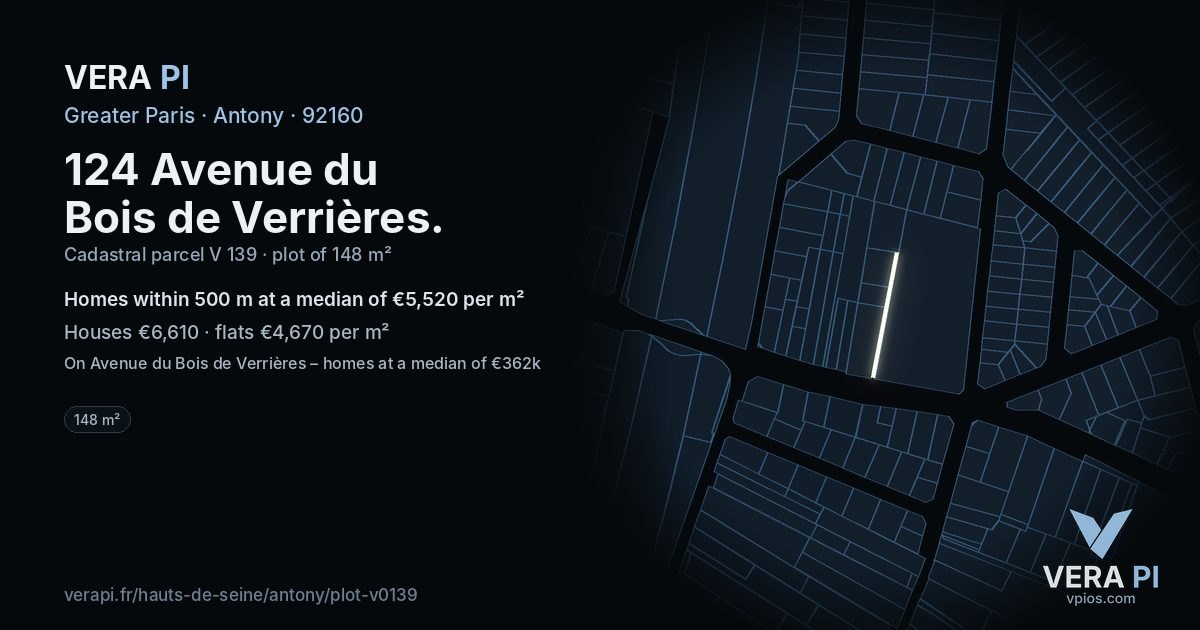 124 Avenue du Bois de Verrières, Antony at night – the plot lit, the parcels around coloured by the prices near them