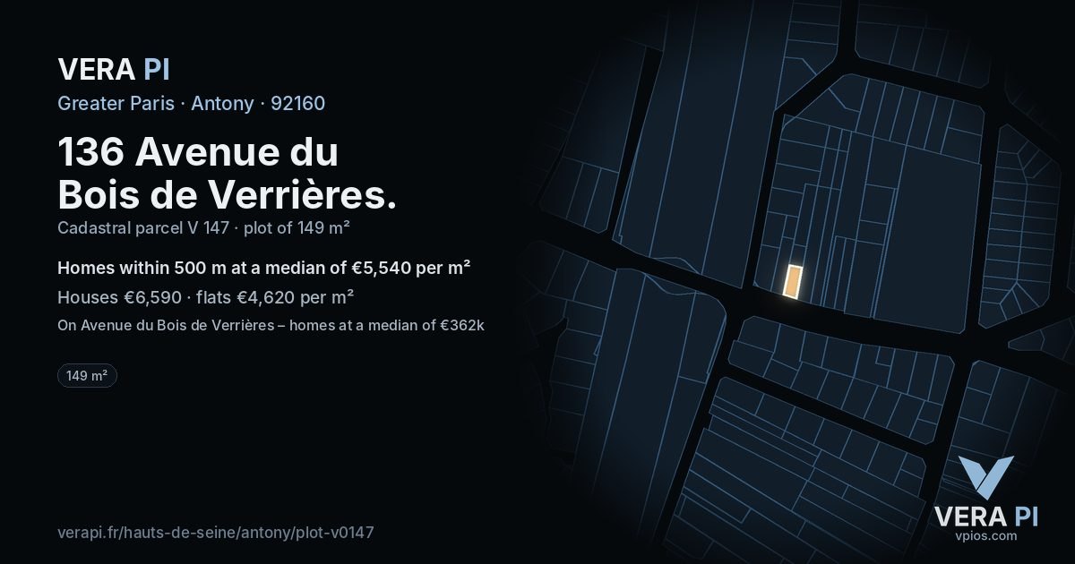 136 Avenue du Bois de Verrières, Antony at night – the plot lit, the parcels around coloured by the prices near them