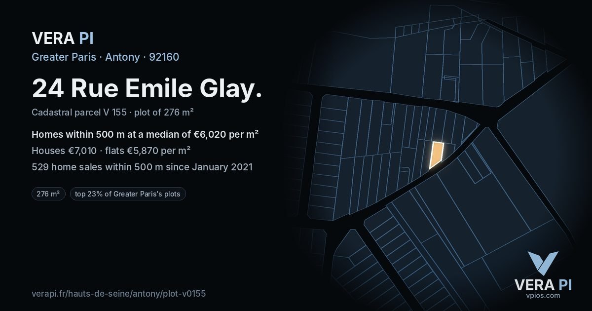 24 Rue Emile Glay, Antony at night – the plot lit, the parcels around coloured by the prices near them